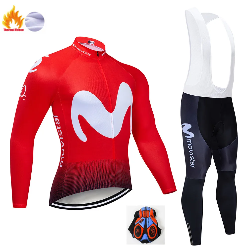Winter suit Зимняя Теплая Флисовая мужская майка Movistar с длинным рукавом для езды на велосипеде, велосипедная 9D Подушка, штаны, комплекты одежды для езды на велосипеде - Цвет: Winter suit