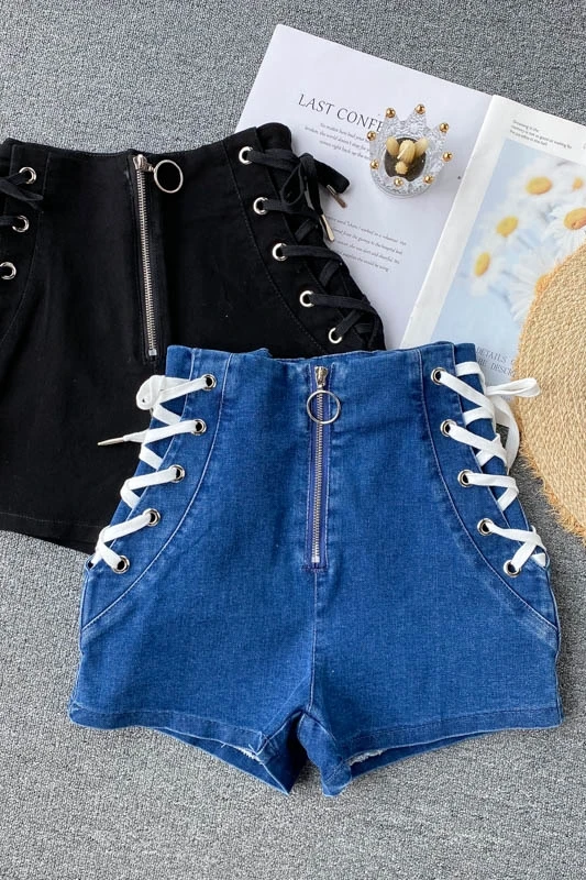 

Denim Shorts for Women 2021 New High Waist Design Contrast Color Denim Pants Bandage Zipper Short Pants Women