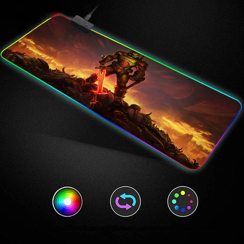 

DOOM Eternal pattern design Anime RGB Gaming Mouse Pad Gamer Keyboard Desk Non-slip Rubber LED Mouse Mat