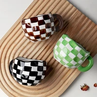 creative personalized coffee set check pattern black brown green tea water juice milk drink cup mug and plate 300ml