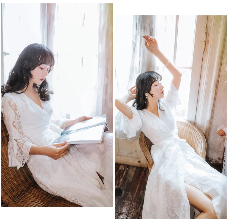 Женское модное платье с расклешенными рукавами кружевное v-образным вырезом и