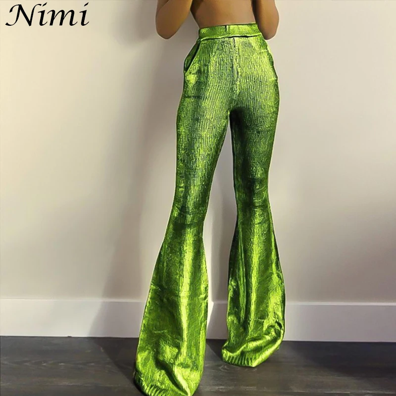 

NiMi Lce Drape Casual Flared Women Green Trousers Lady Tight Hip Lift Summer New Fashion Pants Elasticity Streetwear Outfits