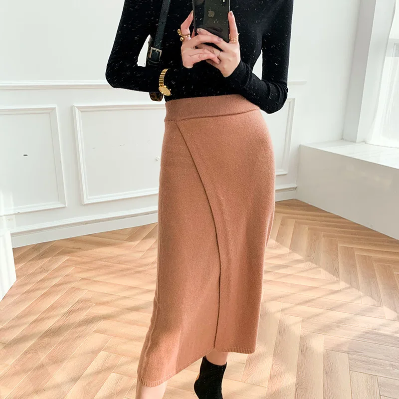 Sparsil Women Winter 100% Cashmere Skirts Straight Mid-Calf Empire Wool Slim Style Solid Color Knitting Office Lady Simple