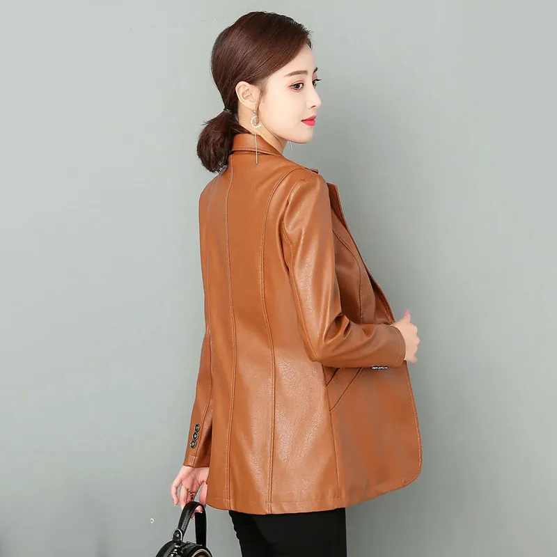 

Women's Plus Size Long Blazers Coats 2021 Autumn Faux Fur PU Leather Button Splicing Suit Jacket Ladies Skinny Locomotive Coats