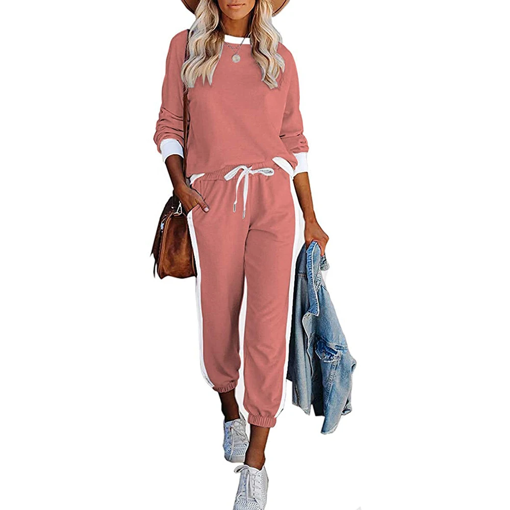 

Women Long Sleeve Pullover Knit Solid Color Casual Sports Round Neck Pants Running Tracksuit Sportwear Sports Suit 2 Piece Set
