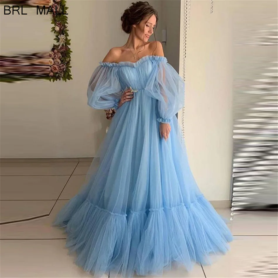 

2020 New Light Blue Long Sleeve Prom Dresses Off Shoulder Formal Evening Gowns Party Floor Length vestidos de fiesta de noche
