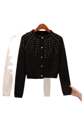 

ZCWXM Women Cardigan Vintage Stylish Beading Short Knitted Sweater Fashion Long Sleeve Korean Style Autumn and winter Outerwear