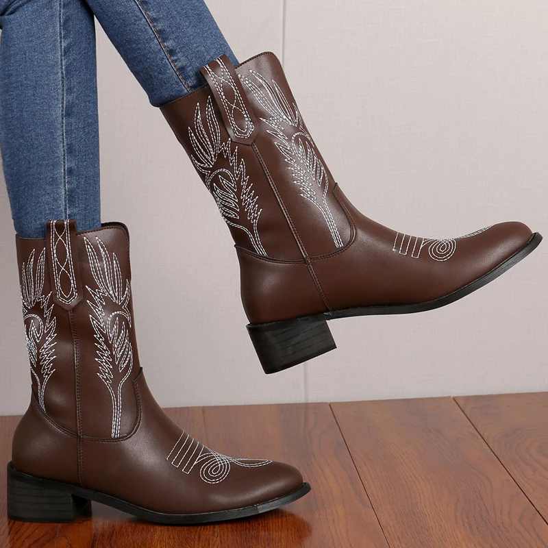 Women's Winter Boots Fashion Leather Embroidered Western Warm Short Boots Round head Party Office Boots Mujer 35-41