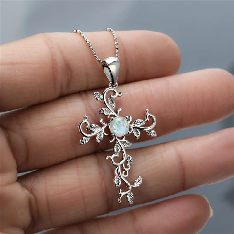 

Fashion Silver Lucky Flower Vine Cross Pendant White Simulated Opal Necklace