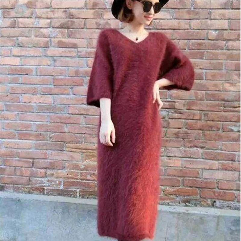 Long hair mink velvet V-Neck Sweater super long dress slim fitting and slim Pullover coat with 7 / 4 sleeves mink fur as base