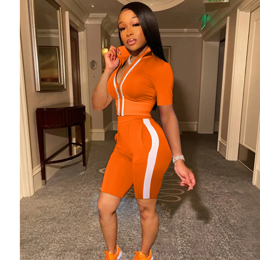

Casual Sports Style Women's Clothing Fashion Solid Color Stitching Suit Collar Zipper Jacket Shorts Tight Fitting Two Piece Set