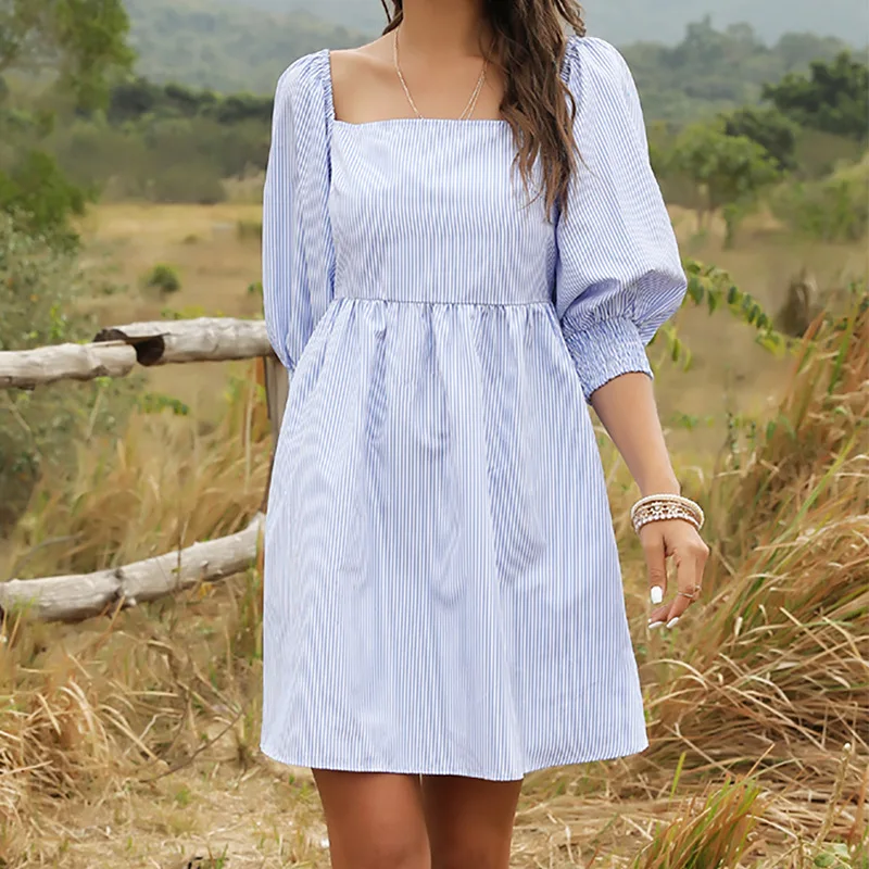 

Women Summer Lantern Sleeve Sweet Striped Dress Solid Color Elegant Women Square Collar Above Knee Mini Dress White Dressess