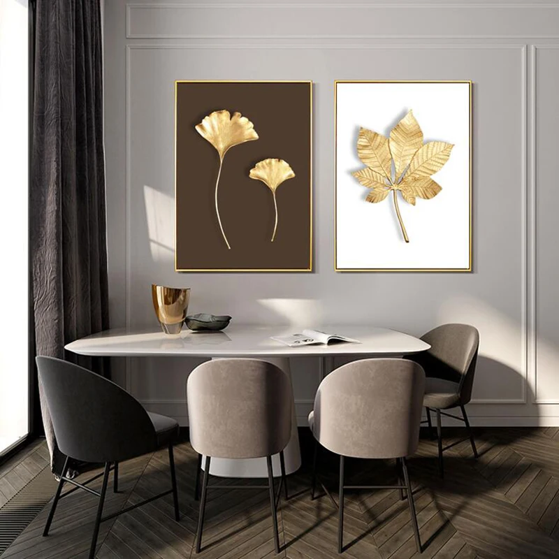 Картина на холсте с изображением золотых листьев и цветов