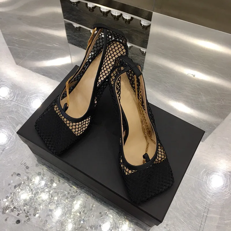 Hot Sale Shoes Woman Sandals Square Toe Metal Chain High Heels Designer Zapatos De Mujer | Обувь