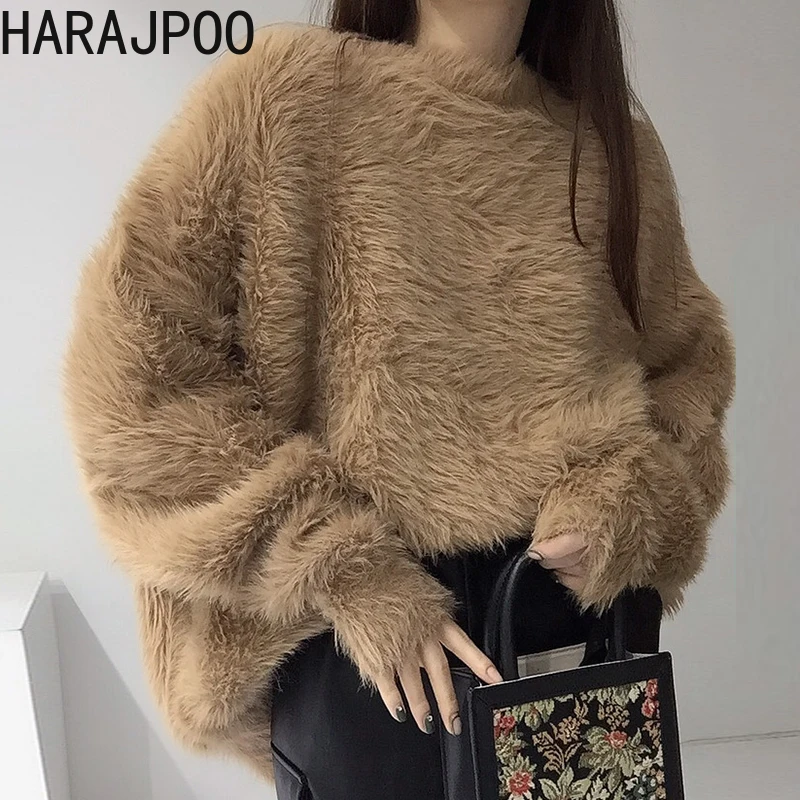 

Женские пуловеры Harajpoo в Корейском стиле на осень и зиму, винтажные свободные розовые пузырьки с круглым вырезом и длинными рукавами в стиле ...
