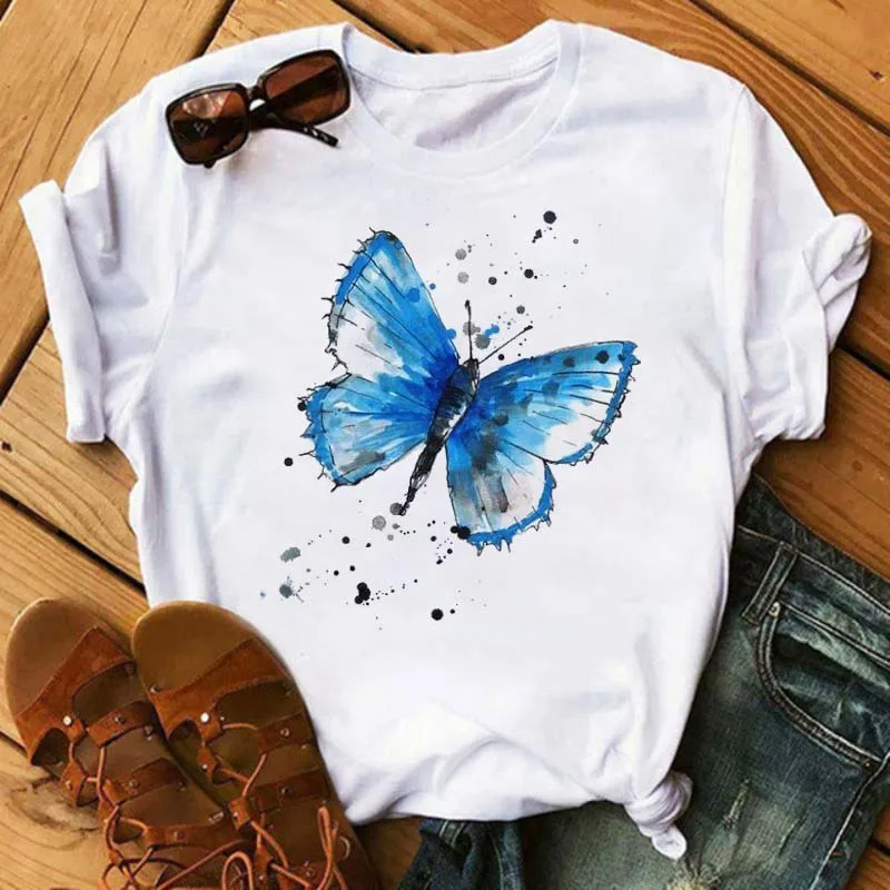 

Women Lady Cartoon Butterfly T Shirt Korean Style Short Sleeves Clothes Tshirt Womens Top Female Kawaii Graphic Print T-shirt