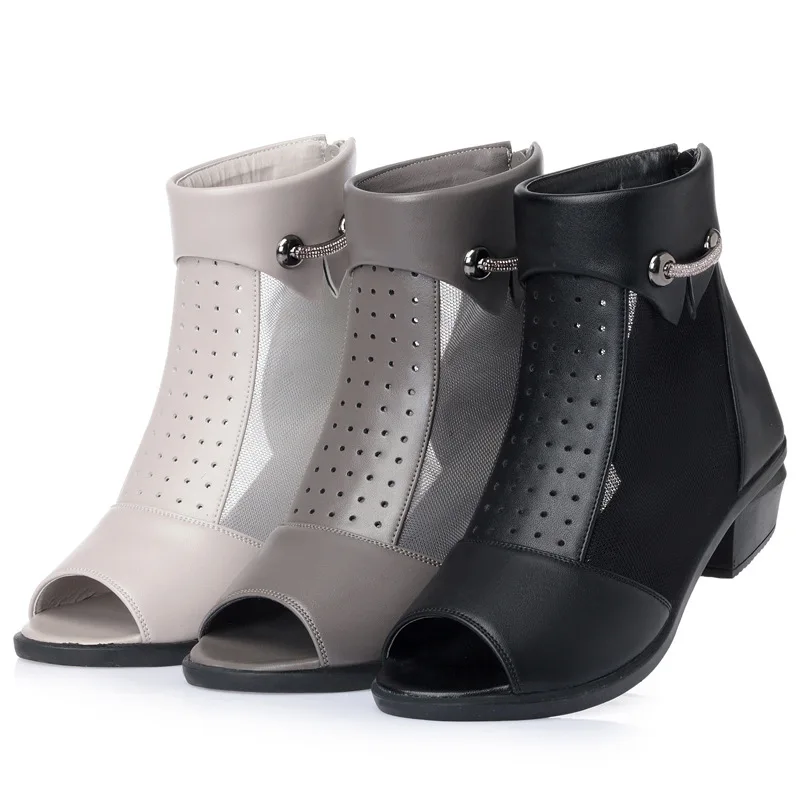 GKTINOO New Summer Ankle Boots For Women Fashion Cut-Out Mesh Zip Sandals Ladies Peep Toe High Heels Shoes Woman Genuine Leather | Обувь