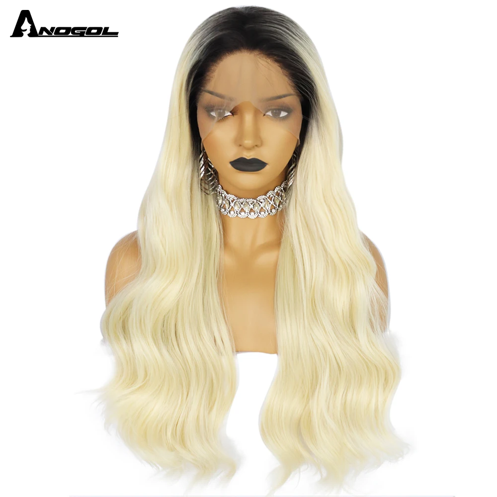 Anogol 13x4 Lace Front Wig Blonde Synthetic 26 inch Long wavy ombre blonde Wigs For Women Ombre Lace Front Wig r