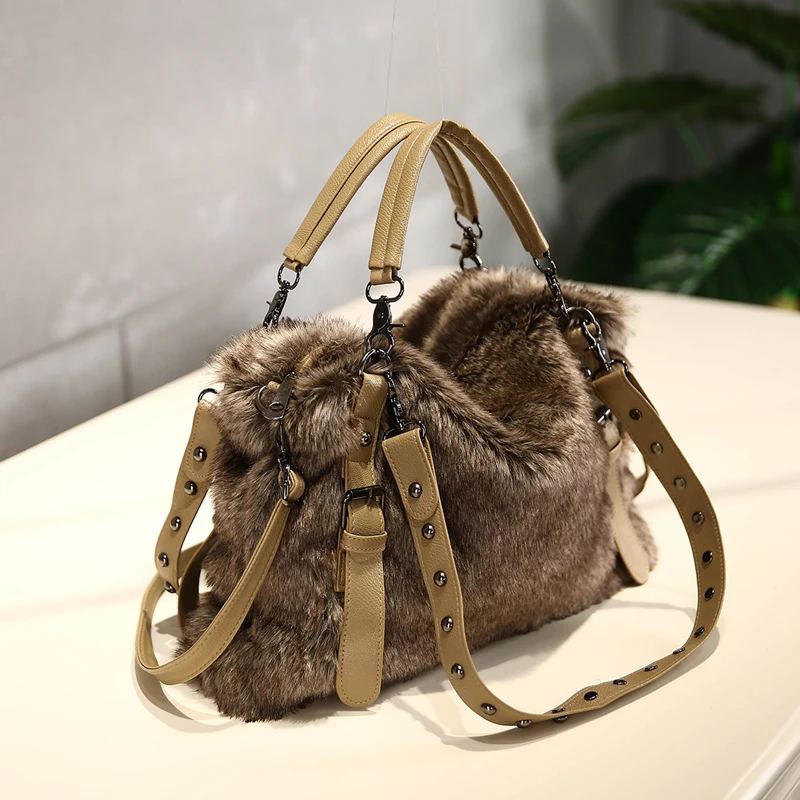 Fake fur Totes Shoulder Bags Fro Women 2021 Winter Plush Messenger Bag Luxury Handbag And Purse Fashion Warm Satchels Clutch