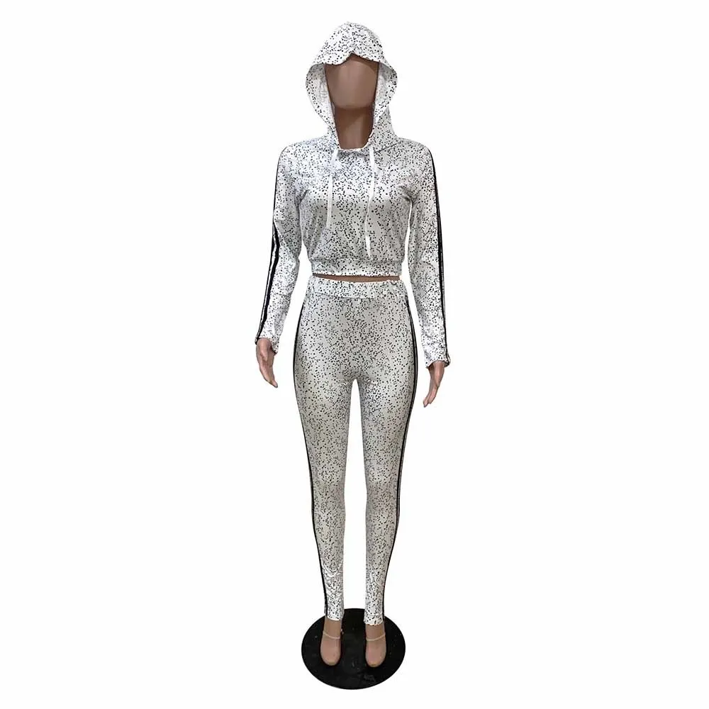 

Women Fitness Two Pieces Tracksuit Long Sleeve Hooded Print Crop Top Side Striped Patchwork Skinnt Legging Active Wear Outfits