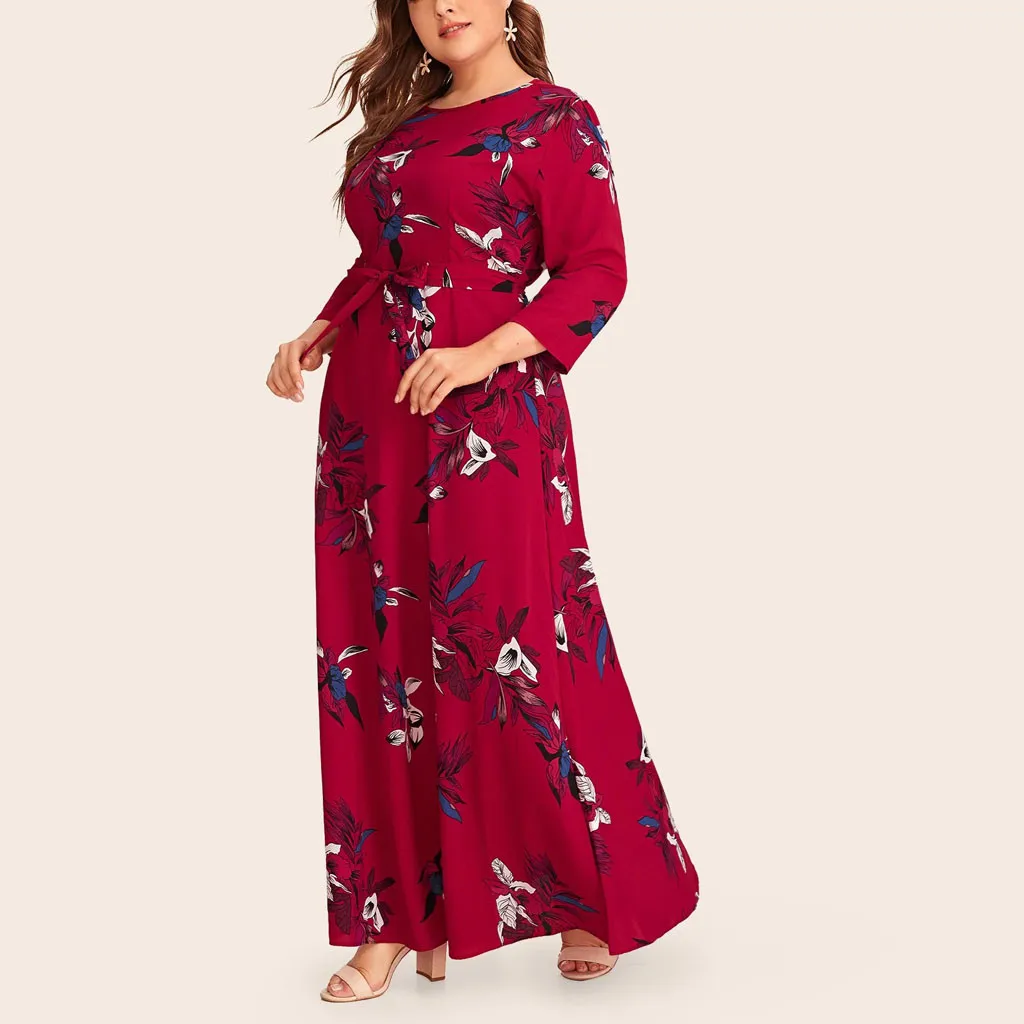 MISSOMO Plus Size 5XL dress Women maxi dress Casual Floral Print O-Neck Long Sleeve Bandage long Dress with belt vestidos 813
