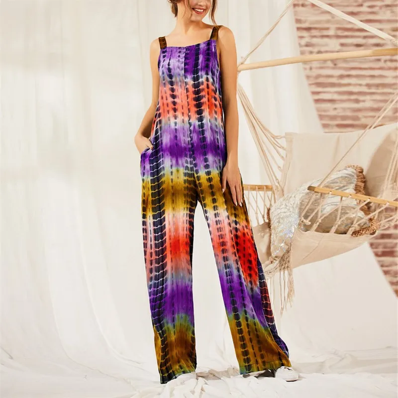

Street Style Summer Spring Women's Fashion Garden Tie Dye Printed Jumper Sleeveless Long Bottom Jumpsuits Rompers Ladies Sexy La