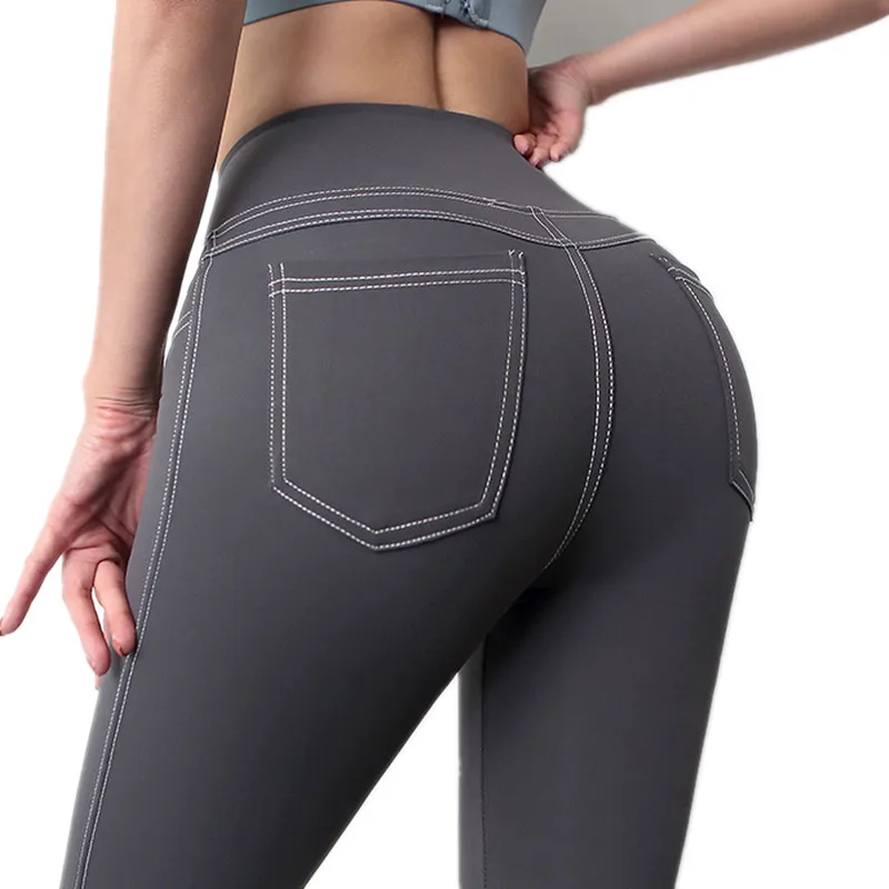 Top women's yoga pants high waist stretch hip leggings tight simulation jeans fitness running slim quick-drying sweatpants