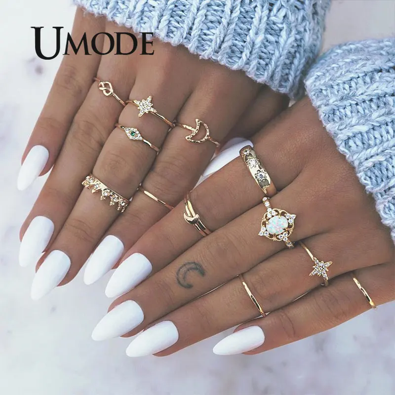 UMODE, 12 шт., Золотая Корона, кольца для женщин и девочек, кольца с Луной, набор, кольца на палец в форме сердца, опал, женская мода, ювелирные изделия, подарки, PR0225