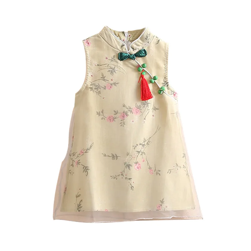 

2020 Summer 2-12 Years Chinese Sleeveless Cheongsam Crew Neck Tassel Princess Chiffon Kids Girls Dresses For Party And Wedding
