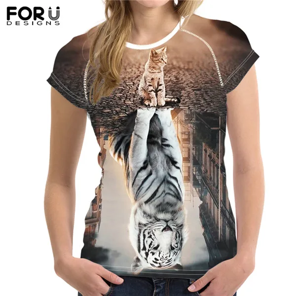 FORUDESIGNS/женские футболки с принтом кота и тигра; модные летние топы с короткими рукавами; одежда для бодибилдинга; футболки для девочек - Цвет: HME1240BV
