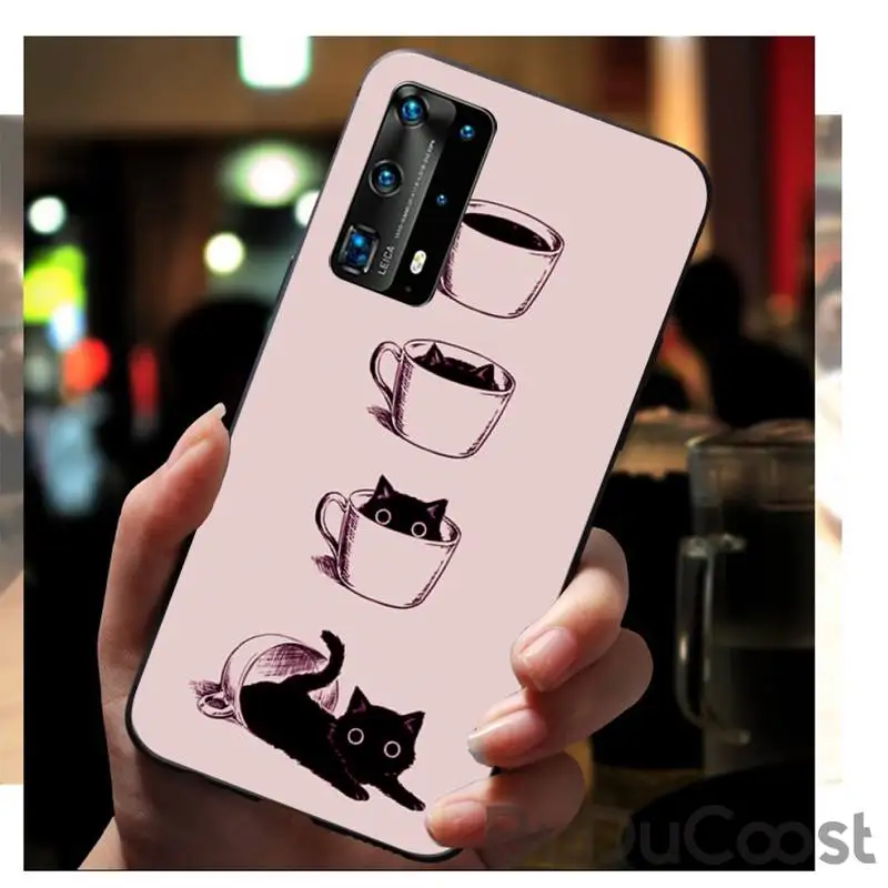 Милый блестящий чехол для телефона с кофейной чашкой и котом Huawei P9 10 20 30 40 P Smart 20lite