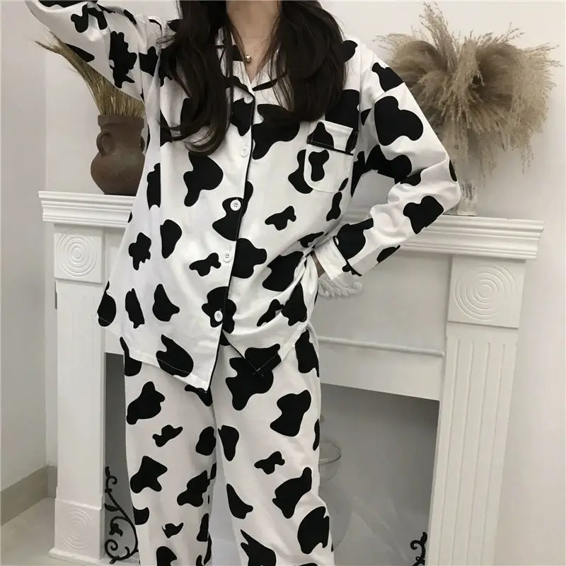 

Cow Print Pajamas for Women Cute Nightwear Sleepwear Set Autumn Winter Pyjamas Girls Homewear Pijama Mujer Home Clothes Ladies