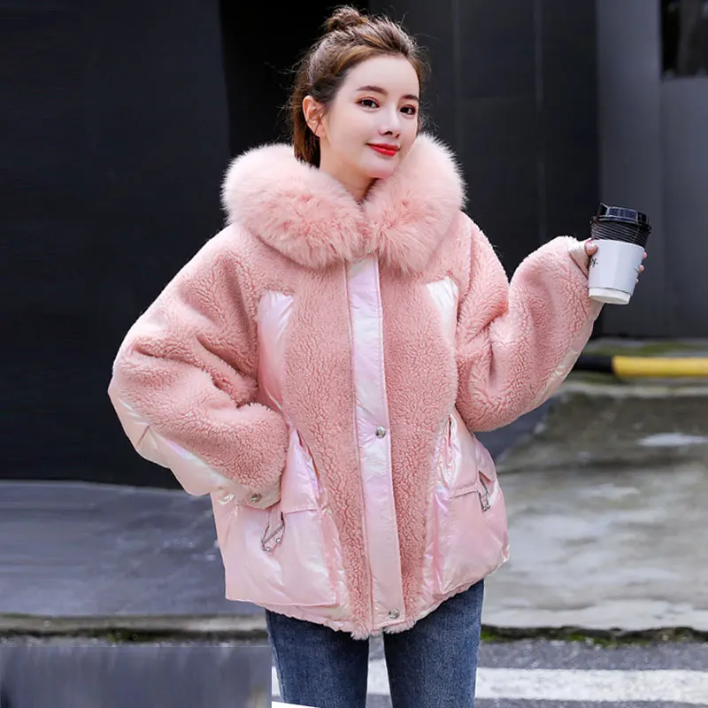 pink Корейское стеганое зимнее пальто из овечьей шерсти для женщин с капюшоном большой меховой воротник яркая куртка женская большой размер модная теплая куртка 2 - Цвет: pink