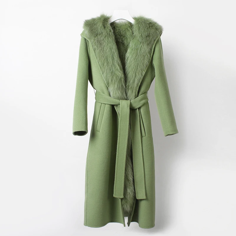OFTBUY натуральный Лисий Мех Пальто Капюшон зимняя куртка Женское шерстяное пальто Длинная Верхняя одежда с поясом парка Уличная Повседневная съемная