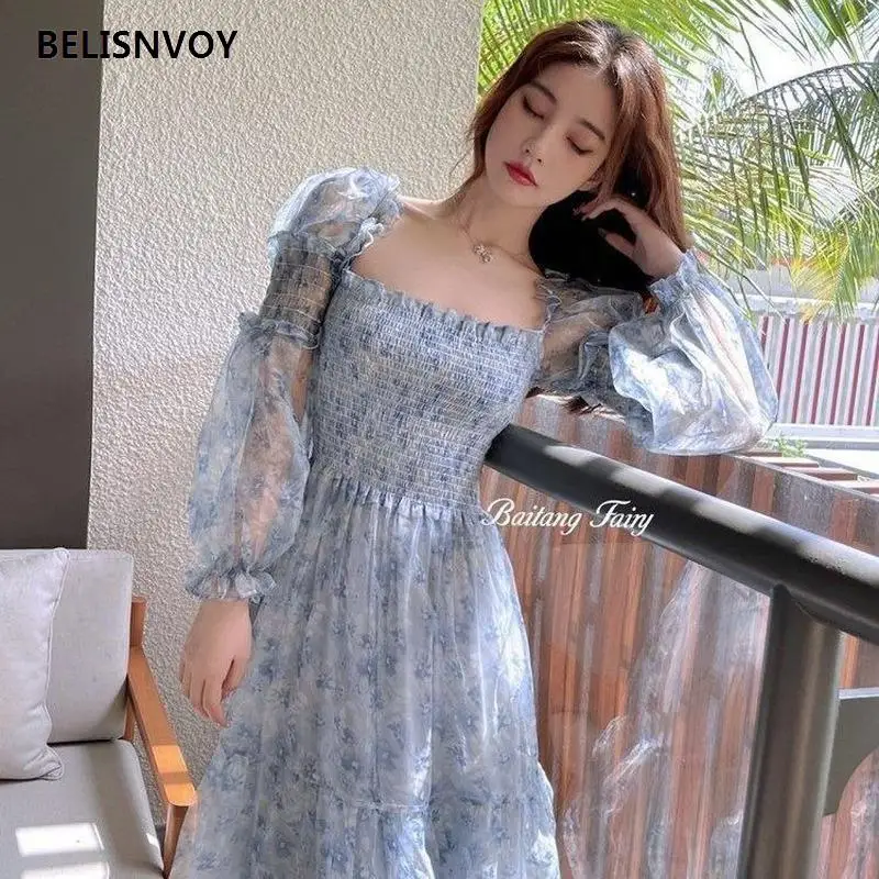 

2021 Spring Summer Lace Elegant Midi Dresses For Women Puff Sleeve Square Collar Boho Beach Dress French Chiffon Party Vestidos