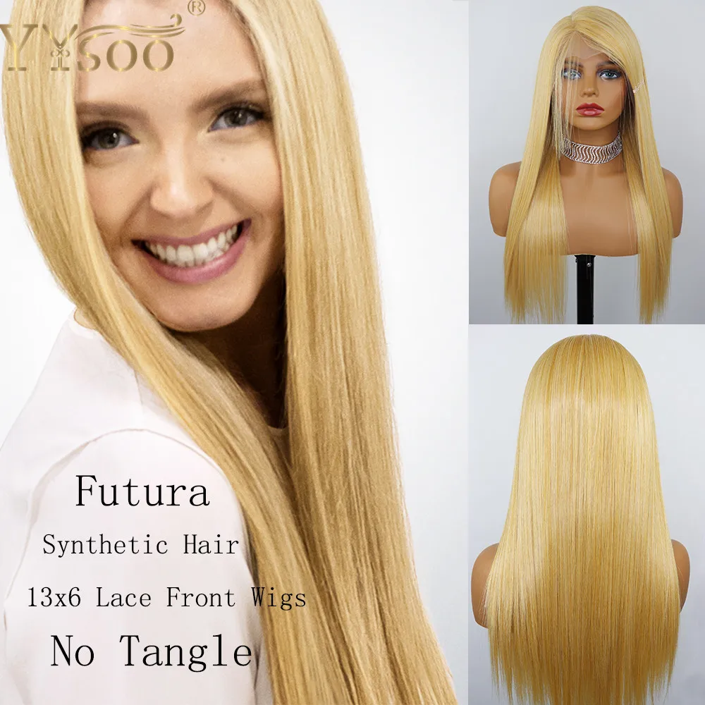 

YYsoo Long 13x6 Silky Straight Futura Glueless Synthetic Lace Front Wigs For Women Girls Ombre Blonde Wig 144Mixed 613 Color Wig