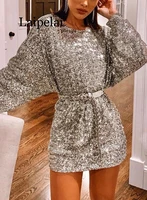 womens dress 2021 casual round neck sequined womens long skirt womens silver dress suit mid length skirt