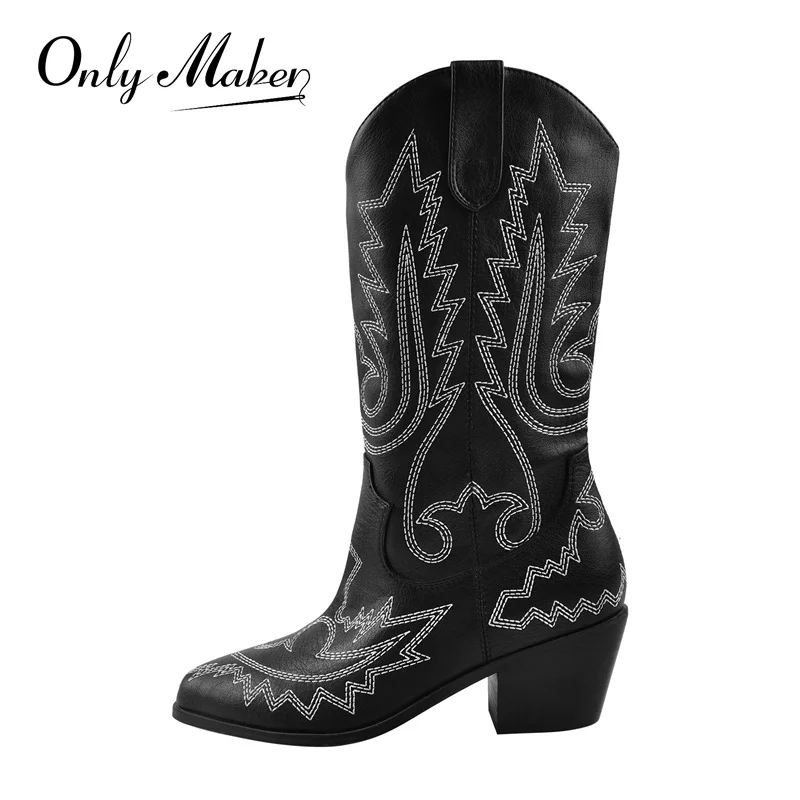 

Onlymaker Women's SliP-On Mid-Calf Boots Totem Sewing Pointed Toe Matte Black Chunky Low Heels Knight's Style Boots Fashion