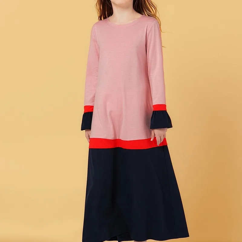 girl's Pink long sleeve round neck dress Muslim mom daughter dresses | Мать и ребенок