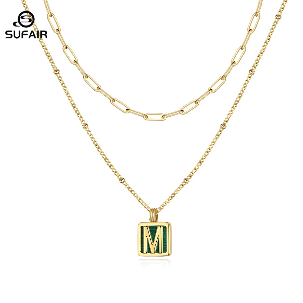 

Sufair Dainty Natural Malachite Initial Pendant Necklace 2pc 14k Gold Layered Paperclip Chain Choker Necklace Girl Jewelry Gift