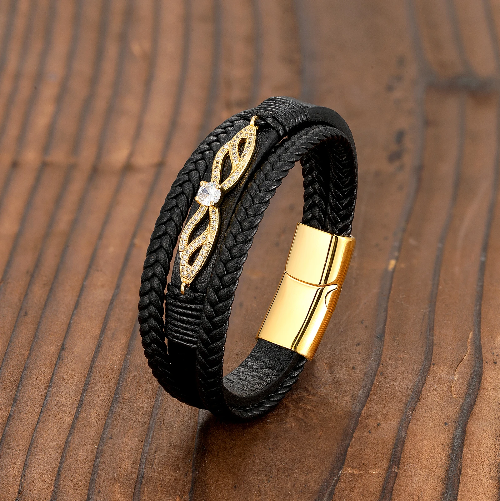 2021 New Fashion Design Micro Diamond 3-layer Leather Cord Neutral Bracelet Stainless Steel Charm Hand Row | Украшения и