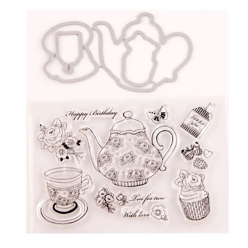 

Teapot Teacup Cake Flower 2021 New Seal Stamp with Cutting Dies Stencil DIY Scrapbooking Embossing Photo