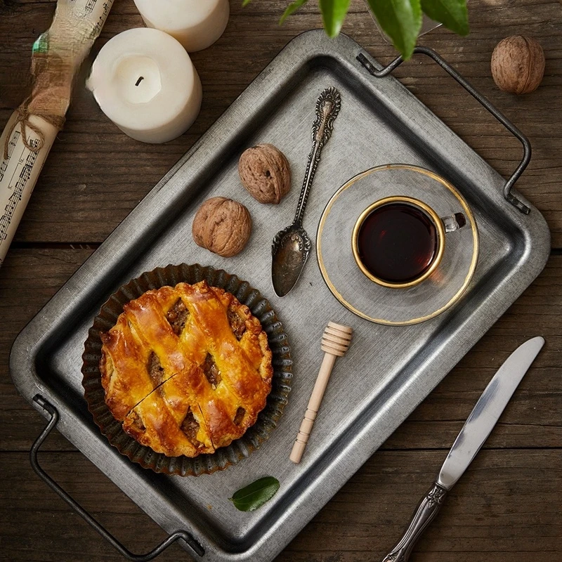 

Vintage Food Display Tray Retro Wrought Iron Storage with Handle Wedding Tools Gourmet Photography Props Desktop Decoration
