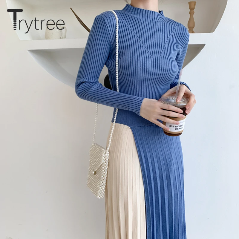 Trytree 2020 Осень-Зима Женское Повседневное платье со стоячим вязанным трехцветным