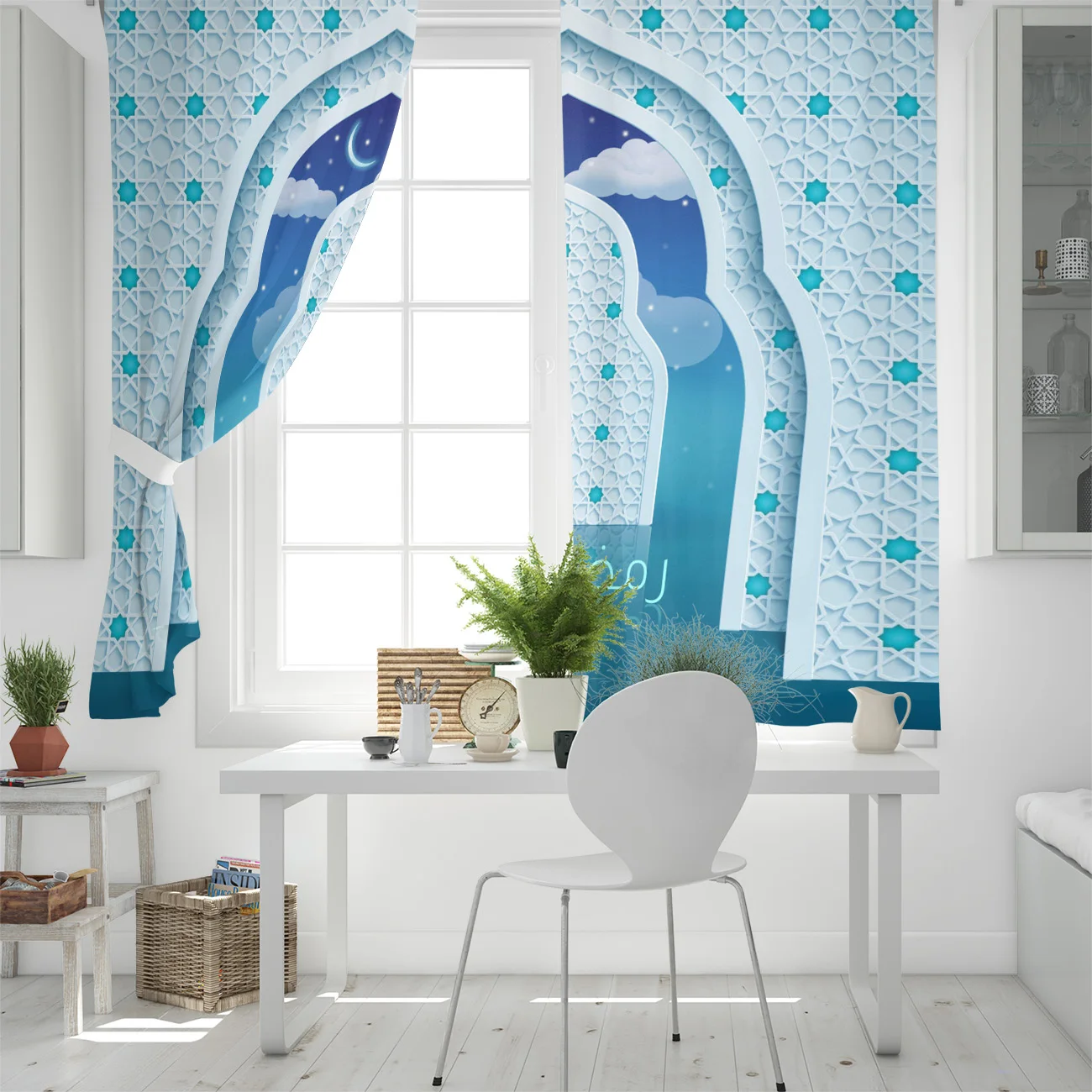 Шторы на окна с изображением Луны звездного неба облаков фантазийные звезды