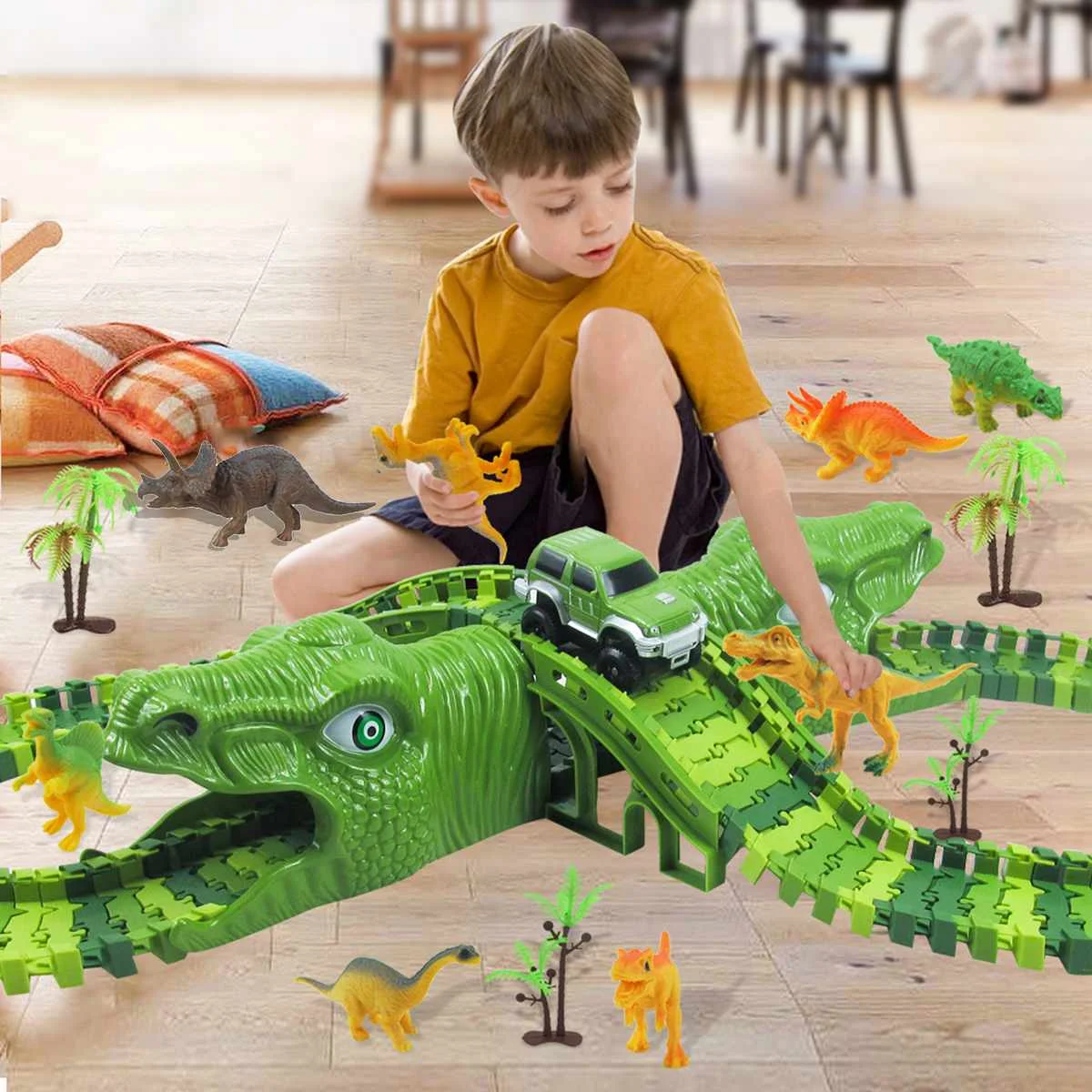 

153Pcs Dinosaur Railway Car Track Racing Track Toys Set Bend Flexible Race Track Flash Light Car Educational Toys for Kids Gift