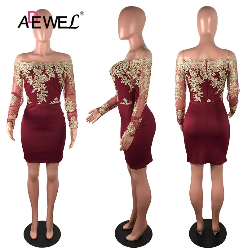 ADEWEL Party Dress Deep Slash-Neck Long Lace Sleeve Women Elegant Summer Casual Off Shoulder Sexy Ladies Evening Short | Женская одежда