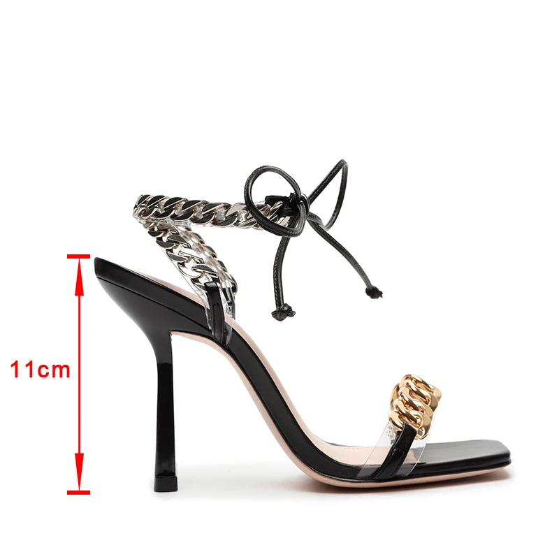 

Women's Thin High Heels Sandals With Metal Chain Square Toe Bandage Brand Designer 2021 Summer Ladies Fashion Stiletto 11cm