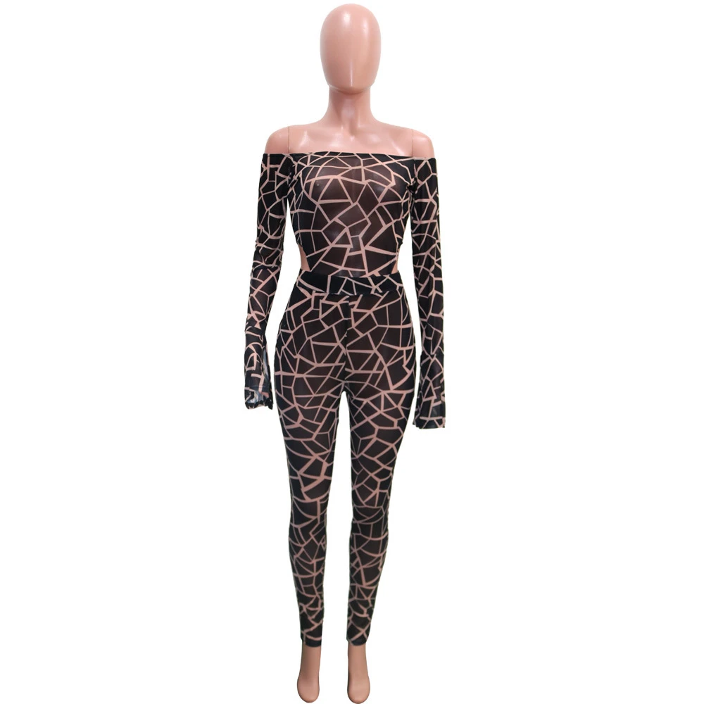 

Printed Jumpsuit Women Sexy Off Shoulder Long Flare Sleeve Skinny Romper Night Club Overall Outfit