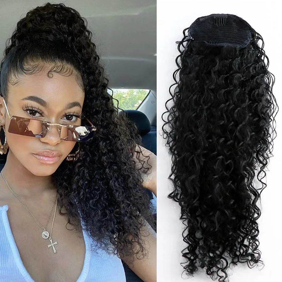 

24 30inch Drawstring Afro Kinky Curly Ponytail Synthetic Hair 1B Natural Color Long Extensions Clip in Pony Tail For Black Women